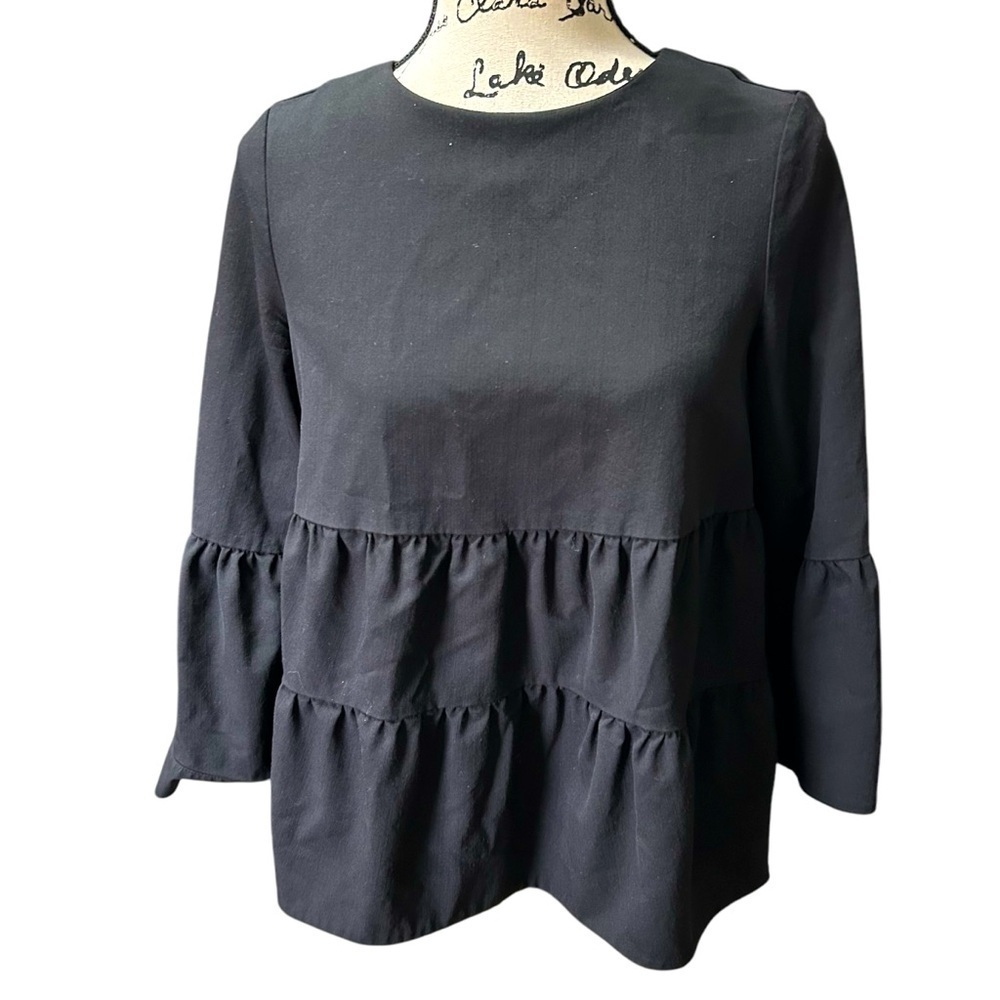 COS Lightwt Peplum Wool Tiered Blouse Mid Sleeves Sz 2
